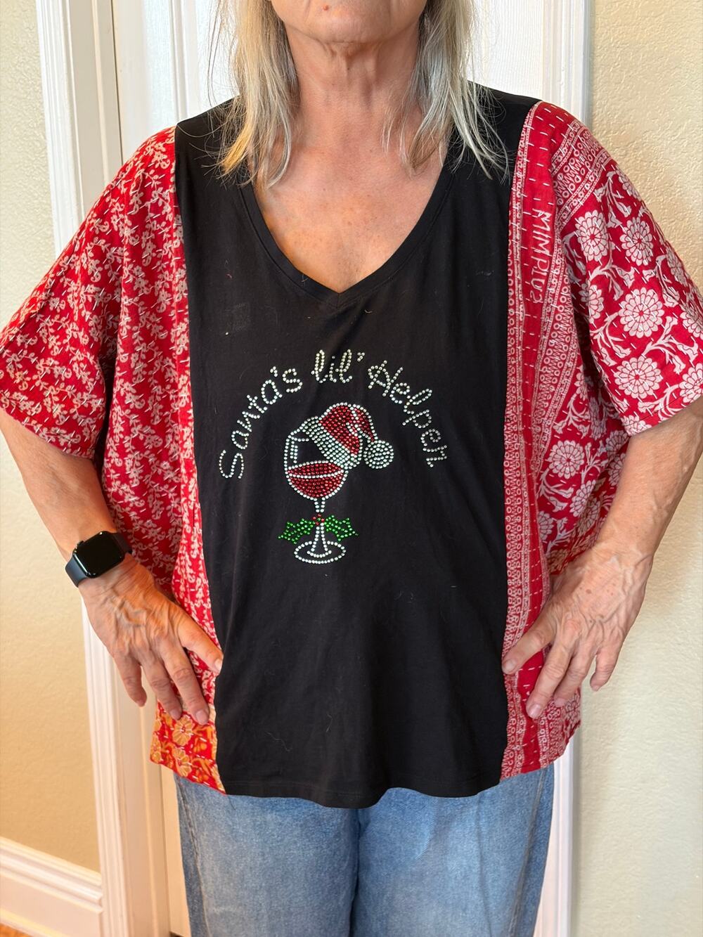 Santa's Lil Helper Upcycled Kantha Tunic Top Shirt OS Handmade